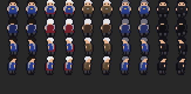 Planche de sprites des personnages d'Asthénia, vus de dessus
